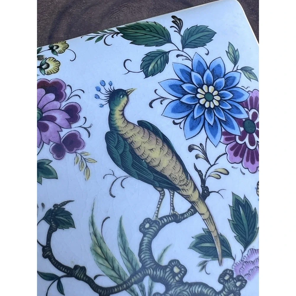 Vintage Purbeck Ceramics Swanage England Trinket Box Peacock Floral Chinoiserie